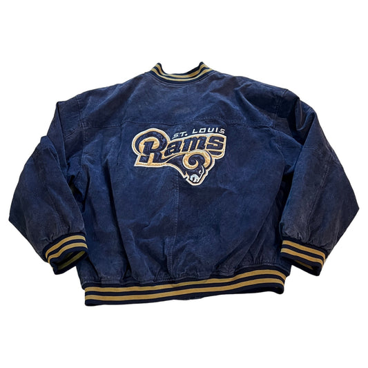 Vintage St. Louis Rams Jacket Mens XL Suede Blue Game Day NFL Zip Varsity Bomber