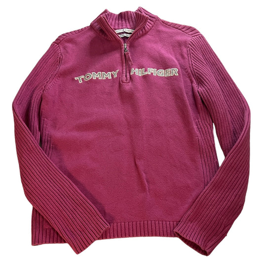 Y2K Tommy Hilfiger Sweater Womens XL Ribbed Quarter Zip Sweat Shirt Pink