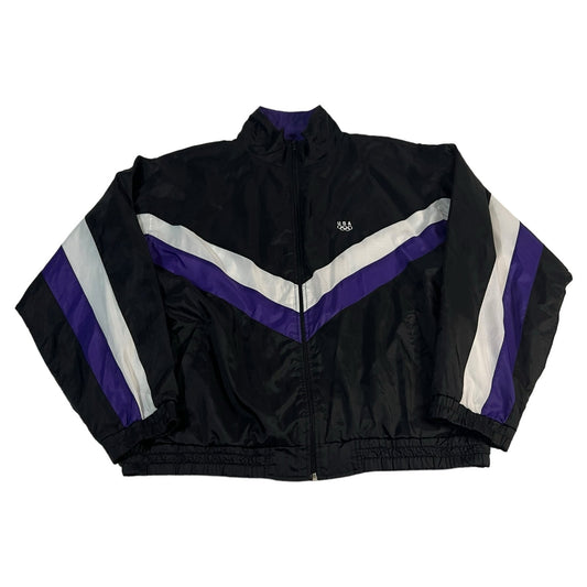Vintage Olympics Jacket Mens Large JC Penney USA Black Purple Color Block Zip Up