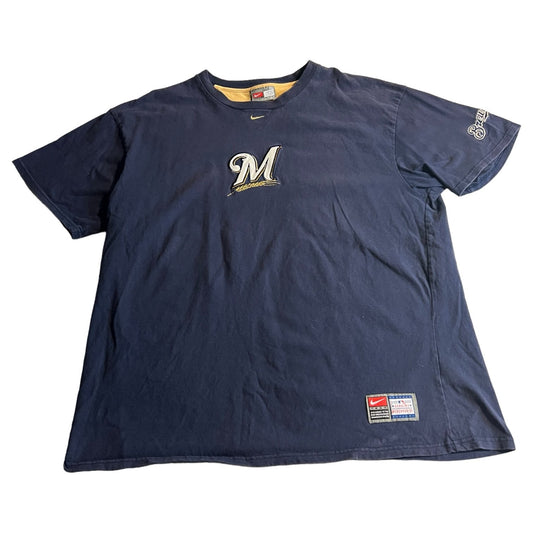 Vintage Milwaukee Brewers Nike Center Check Shirt Mens XL Blue Short Sleeve MLB