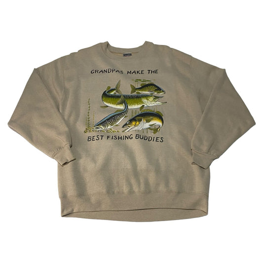 Vintage Fishing Sweater Mens XL 90's Tan Brown Crewneck Animal Print ONEITA