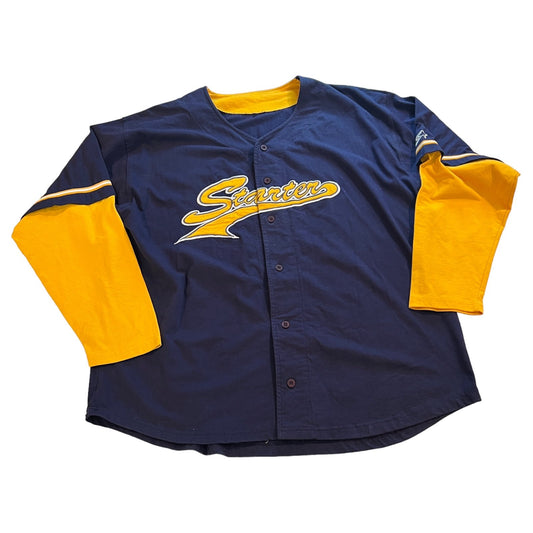 Vintage STARTER Baseball Jersey Mens XL Blue Yellow Spell Out Long Sleeve 90's