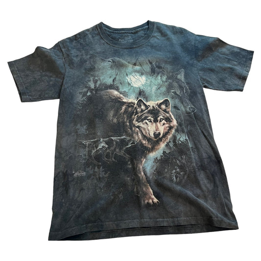 The Mountain Wolf Shirt Mens Small Blue Nature Animal Short Sleeve Dyed Y2K