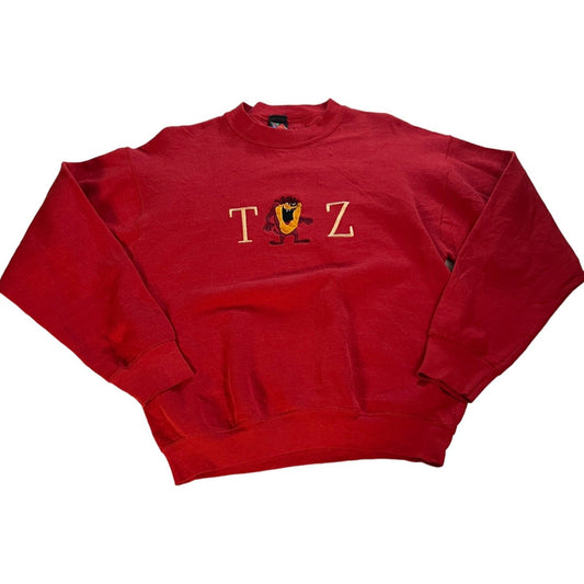 Vintage Taz Sweater Womans Large Red Embroidered Sweat Shirt Looney Tunes