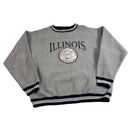 Vintage University of Illinois Sweater Crewneck Mens Medium Gray Embroidered