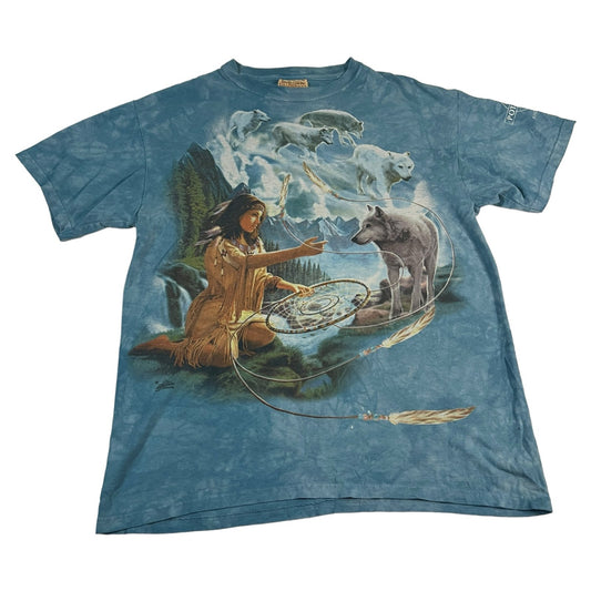 Vintage The Mountain Shirt Mens Medium Meikle John Native American Wolf Blue