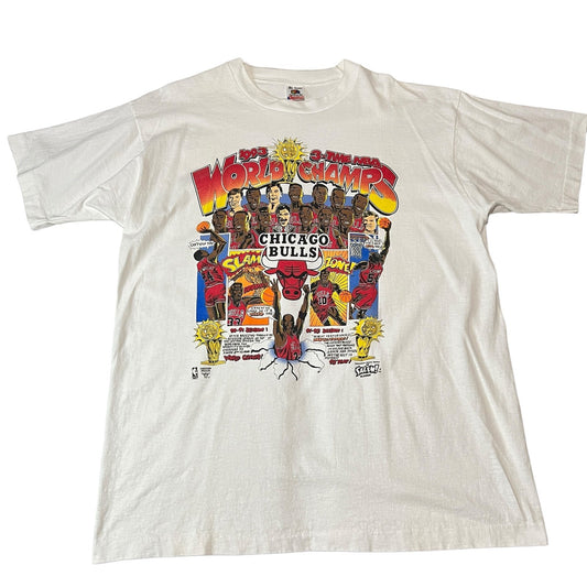 Vintage Chicago Bulls 1993 3-Time Champs Comic Shirt Mens XL Short Sleeve White
