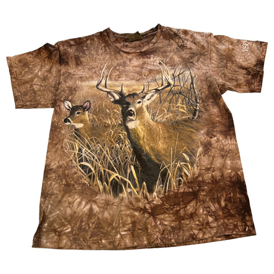 Vintage The Mountain Shirt Mens XL Deer Hunting Brown Camo Short Sleeve AOP