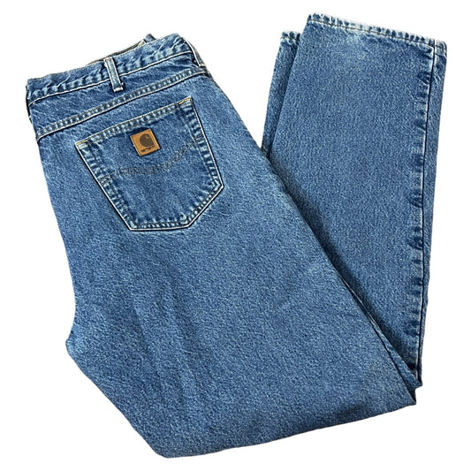 Carhartt Carpenter Flannel Lined Men's Blue Denim Jeans B21 DST 38x34 Relaxed