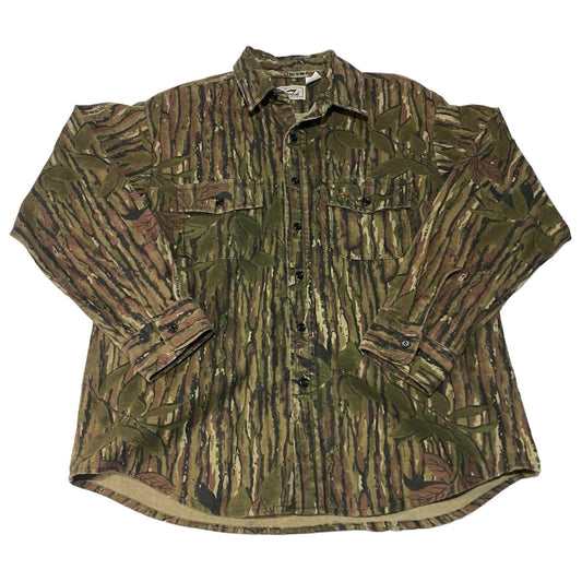 Vintage Duxbak Camo Button Up Shirt Mens Large Real Tree Green Brown Mossy Oak